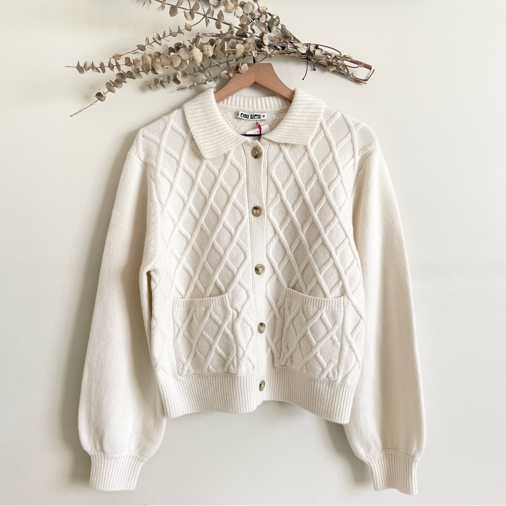 Ciao Lucia Tomayo Cardigan Ivory 100% Merino Wool Cable Knit NWT XS - Picture 8 of 16